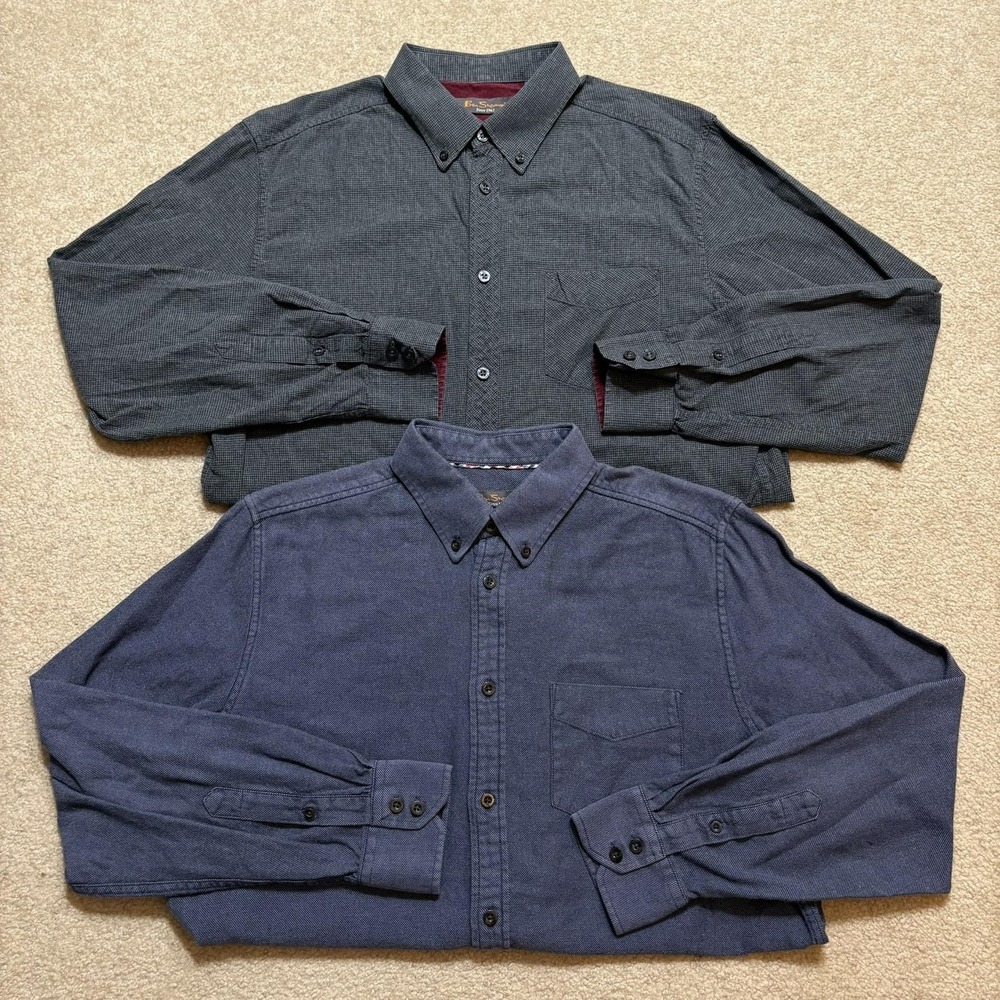 Ben Sherman Shirt Lot Of 2 Mens Medium Blue Check Twill Button Up Long Sleeve